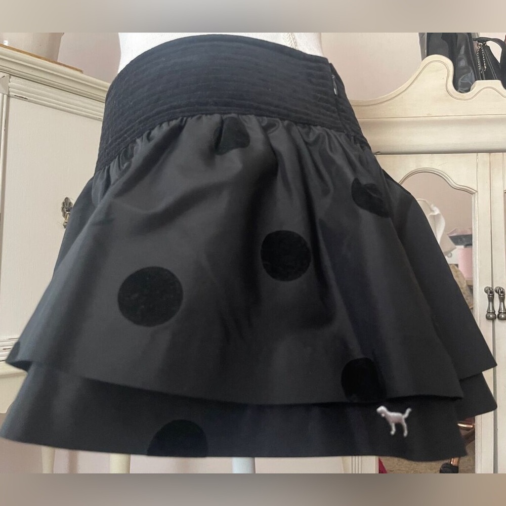 PINK Victoria's Secret | RARE Black Ruffled Black Velvet Polka Dot Mini Skirt 10
